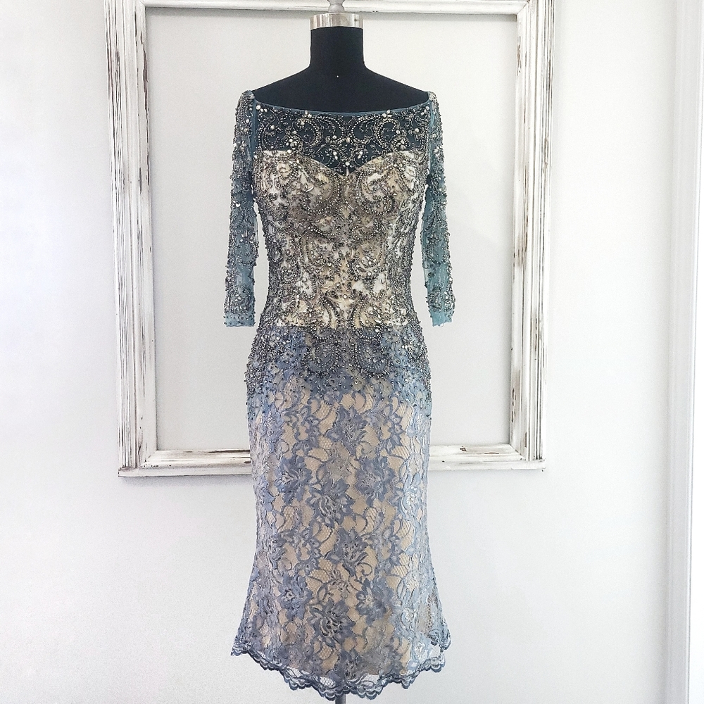 Mac Duggal Beaded Embroidered Metallic Lace Boatneck Cocktail Dress